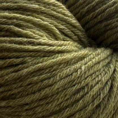 A close-up of twisted yarn strands in a muted olive green color, showing the texture and ply structure of the fiber.